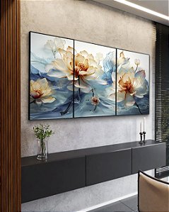 Trio de Quadros Flores Brancas Douradas Azuis Delicadas Canvas Moldura