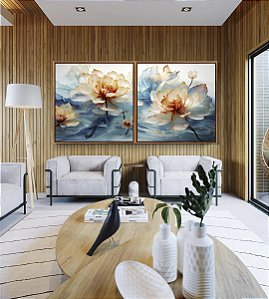 Duo de Quadros Quadrados Flores Brancas Douradas Azuis Delicadas Canvas Moldura