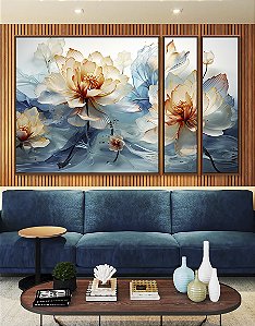 Trio de Quadros Estilizados Flores Brancas Douradas Azuis Delicadas Canvas Moldura