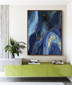 Quadro Vertical Abstrato Azul Turquesa Dourado Arte Fluída Canvas Moldura