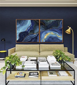 Duo de Quadros Quadrados Abstrato Azul Turquesa Dourado Canvas Moldura
