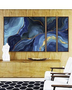 Trio de Quadros Estilizados Abstrato Azul Turquesa Dourado Arte Fluída Canvas Moldura