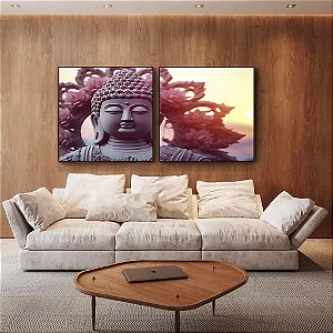 Duo de Quadros Quadrados Buda Mandala Floral e Sol Entardecer Canvas Moldura