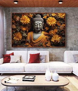 Quadro Horizontal Buda Imponente Flores Amarelas Folhas Marrons Canvas Moldura