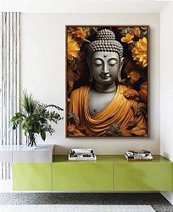 Quadro Vertical Buda Imponente Flores Amarelas Folhas Marrons Canvas Moldura