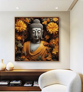 Quadro Quadrado Buda Imponente Flores Amarelas Folhas Marrons Canvas Moldura