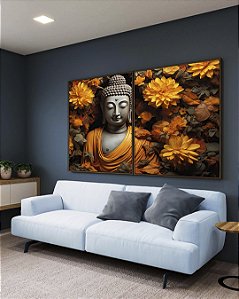 Duo de Quadros Buda Imponente Flores Amarelas Folhas Marrons Canvas Moldura
