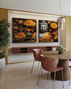 Duo de Quadros Quadrados Buda Imponente Flores Amarelas Folhas Marrons Canvas Moldura