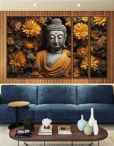 Trio de Quadros Estilizados Buda Imponente Flores Amarelas Folhas Marrons Canvas Moldura