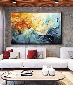 Quadro Horizontal Abstrato Amarelo Azul Turquesa Arte Fluida Pouring Canvas Moldura