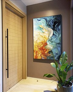 Quadro Vertical Abstrato Amarelo Azul Turquesa Arte Fluida Pouring Canvas Moldura