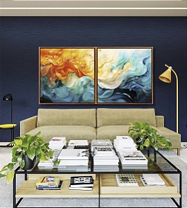 Duo de Quadros Quadrados Abstrato Amarelo Azul Turquesa Arte Fluida Pouring Canvas Moldura