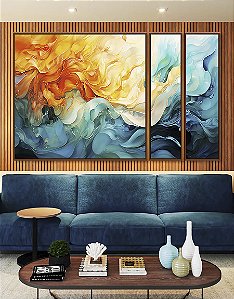 Trio de Quadros Estilizados Abstrato Amarelo Azul Turquesa Arte Fluida Pouring Canvas Moldura