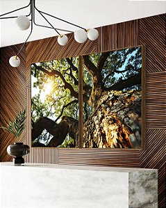 Duo de Quadros Árvore Folhas Verdes Céu Azul Turquesa Canvas Moldura