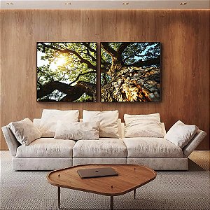 Duo de Quadros Quadrados Árvore Folhas Verdes Céu Azul Turquesa Canvas Moldura