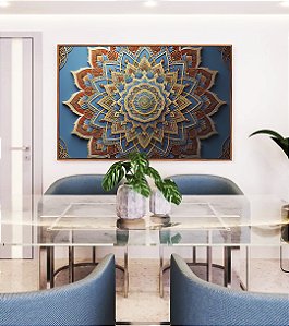 Quadro Horizontal Mandala Floral Azul Dourado Laranja Telha Canvas Moldura