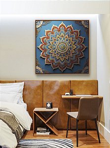Quadro Quadrado Mandala Floral Azul Dourado Laranja Telha Canvas Moldura