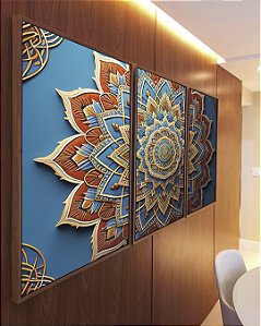 Trio de Quadros Mandala Floral Azul Dourado Laranja Telha Canvas Moldura