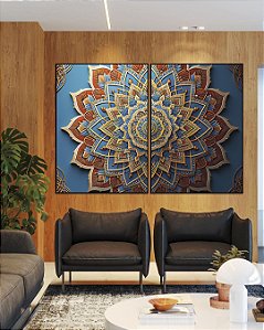 Duo de Quadros Mandala Floral Azul Dourado Laranja Telha Canvas Moldura