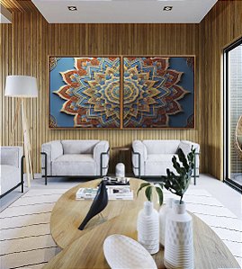 Duo de Quadros Quadrados Mandala Floral Azul Dourado Laranja Telha Canvas Moldura