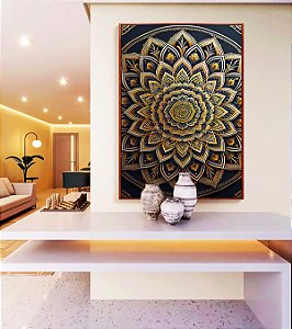 Quadro Vertical Mandala Floral Dourado Cinza Preto Canvas Moldura