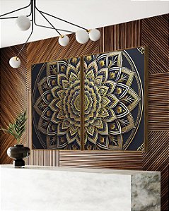 Duo de Quadros Mandala Floral Dourado Cinza Preto Canvas Moldura