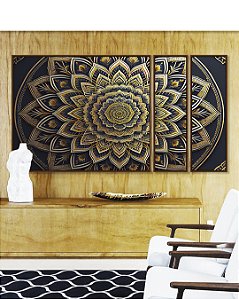 Trio de Quadros Estilizados Mandala Floral Dourado Cinza Preto Canvas Moldura