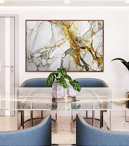 Quadro Horizontal Arte fluida Abstrato Branco Dourado Cinza Canvas Moldura
