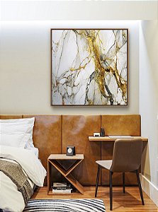 Quadro Quadrado Arte fluida Abstrato Branco Dourado Cinza Canvas Moldura
