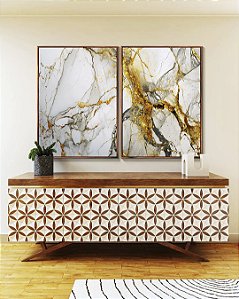 Duo de Quadros Arte fluida Abstrato Branco Dourado Cinza Canvas Moldura
