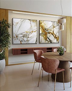 Duo de Quadros Quadrados Arte fluida Abstrato Branco Dourado Cinza Canvas Moldura
