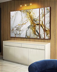 Trio de Quadros Estilizados Arte fluida Abstrato Branco Dourado Cinza Canvas Moldura