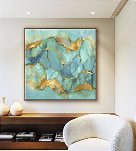 Quadro Quadrado Efeito Mármore Abstrato Verde Turquesa Dourado Canvas Moldura