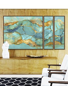 Trio de Quadros Estilizados Efeito Mármore Abstrato Verde Turquesa Dourado Canvas Moldura