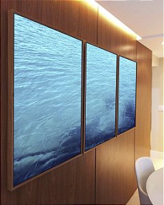 Trio de Quadros Mar de Águas Claras Tons de Azul Oceano Canvas Moldura