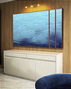 Trio de Quadros Estilizados Mar de Águas Claras Tons de Azul Oceano Canvas Moldura