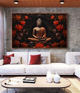Quadro Horizontal Buda Bronze Vermelho Laranja Flor de Lótus Canvas Moldura