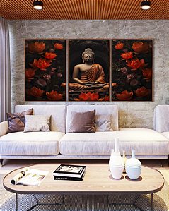 Trio de Quadros Buda Bronze Vermelho Laranja Flor de Lótus Canvas Moldura