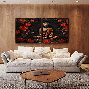 Duo de Quadros Quadrados Buda Bronze Vermelho Laranja Flor de Lótus Canvas Moldura