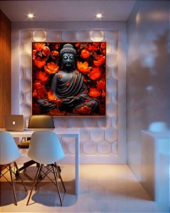 Quadro Quadrado Buda Cinza Pedra Flor de Lótus Laranja Vermelho Canvas Moldura