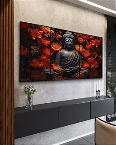 Trio de Quadros Buda Cinza Pedra Flor de Lótus Laranja Vermelho Canvas Moldura