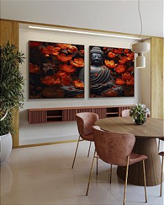 Duo de Quadros Quadrados Buda Cinza Pedra Flor de Lótus Laranja Vermelho Canvas Moldura
