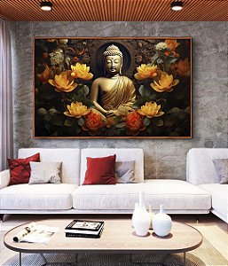 Quadro Horizontal Buda Bronze Flores Amarelo Laranja Canvas Moldura