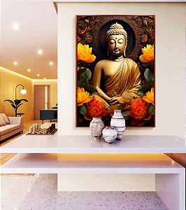 Quadro Vertical Buda Bronze Flores Amarelo Laranja Canvas Moldura