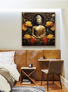 Quadro Quadrado Buda Bronze Flores Amarelo Laranja Canvas Moldura