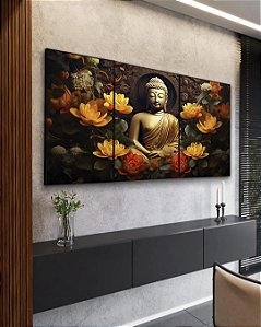 Trio de Quadros Vertical Buda Bronze Flores Amarelo Laranja Canvas Moldura