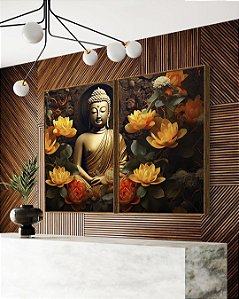 Duo de Quadros Buda Bronze Flores Amarelo Laranja Canvas Moldura