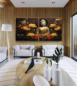 Duo de Quadros Quadrados Buda Bronze Flores Amarelo Laranja Canvas Moldura