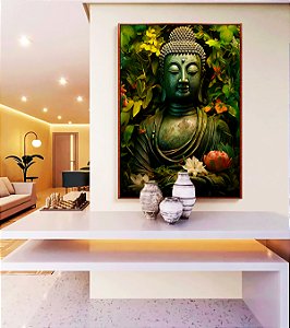 Quadro Vertical Buda Pedra Verde Folhagem e Flores de Lótus Canvas Moldura