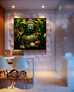 Quadro Quadrado Buda Pedra Verde Folhagem e Flores de Lótus Canvas Moldura